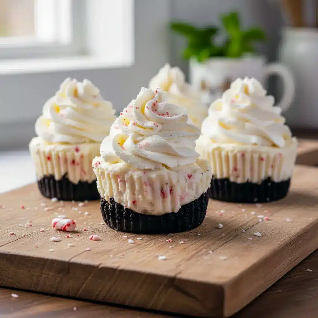 Mini no-bake peppermint cheesecakes with Oreo crust, whipped cream, and crushed peppermint candy sprinkled on top—festive holiday treats perfect for parties and Christmas gatherings.