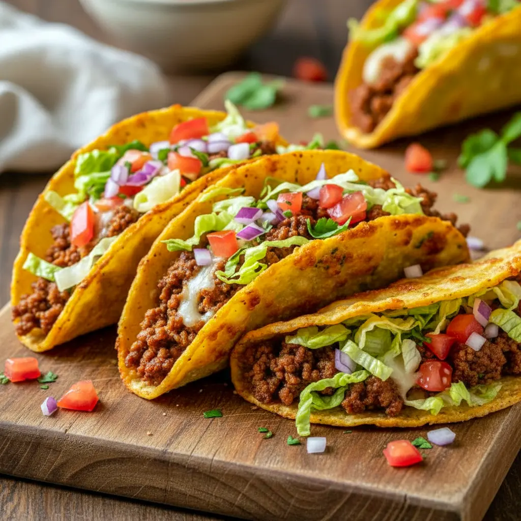 Crispy cheesy oven tacos arranged on a baking sheet, stuffed with seasoned meat and melted cheese—an easy Fast Dinners idea perfect for busy nights and quick, satisfying Quick Meals.