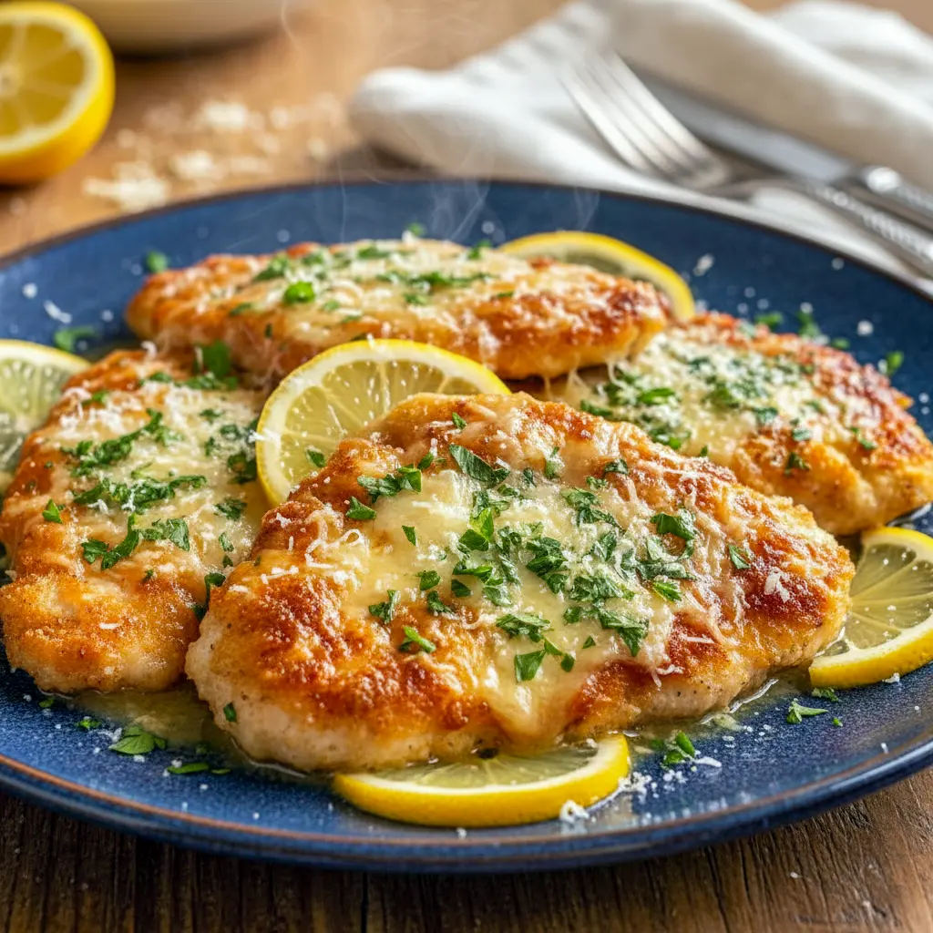 Crispy Lemon Chicken Romano on a plate with golden crust, fresh parsley, and lemon slices — a bright, flavorful twist on classic poultry and lemon chicken recipes.