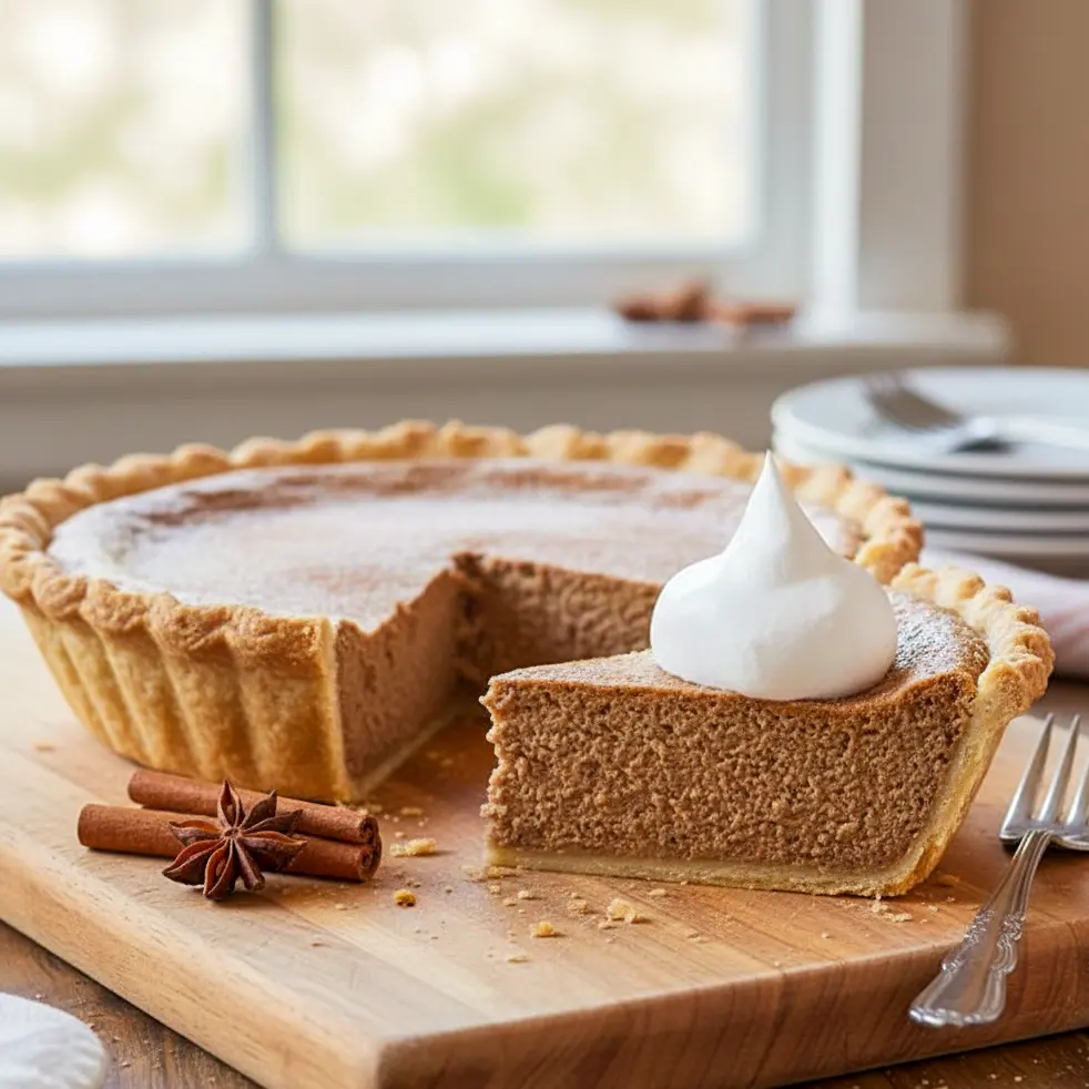Cinnamon Pie with a smooth spiced filling and golden crust, served as one of the most eye-catching Festive Desserts, featuring a rich Creamy Pie texture inspired by Cinnamon Cake, perfect for Holiday Pies, standout Unique Desserts, an irresistible Pie Dessert, classic Homemade Pie, and cozy Sweets Treats for celebrations.