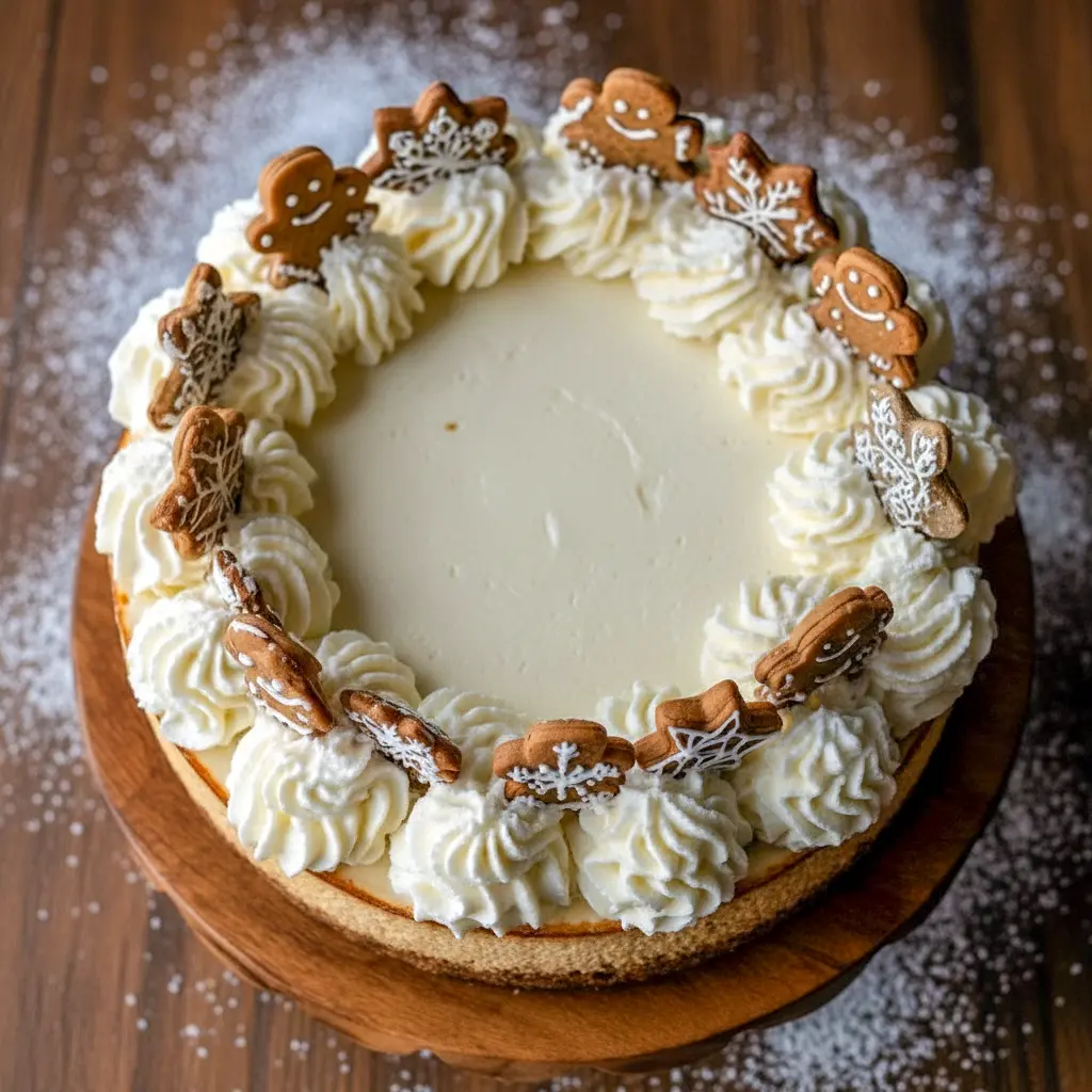 A beautifully decorated gingerbread-spiced cheesecake topped with creamy maple frosting, perfect for Christmas and holiday dessert tables.