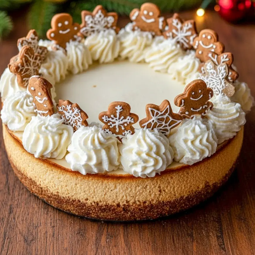 A beautifully decorated gingerbread-spiced cheesecake topped with creamy maple frosting, perfect for Christmas and holiday dessert tables.