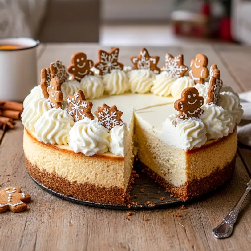 A beautifully decorated gingerbread-spiced cheesecake topped with creamy maple frosting, perfect for Christmas and holiday dessert tables.