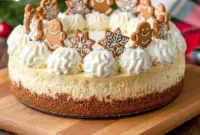 A beautifully decorated gingerbread-spiced cheesecake topped with creamy maple frosting, perfect for Christmas and holiday dessert tables.