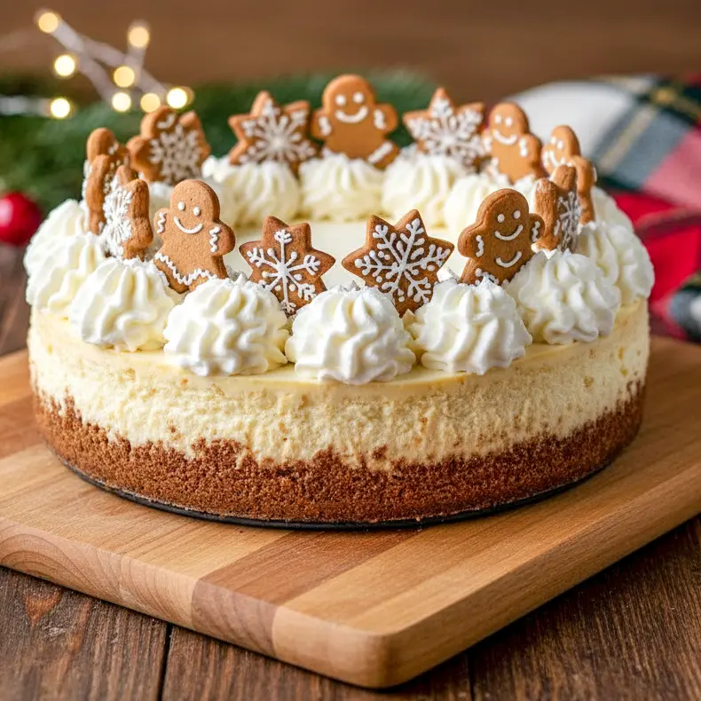 A beautifully decorated gingerbread-spiced cheesecake topped with creamy maple frosting, perfect for Christmas and holiday dessert tables.