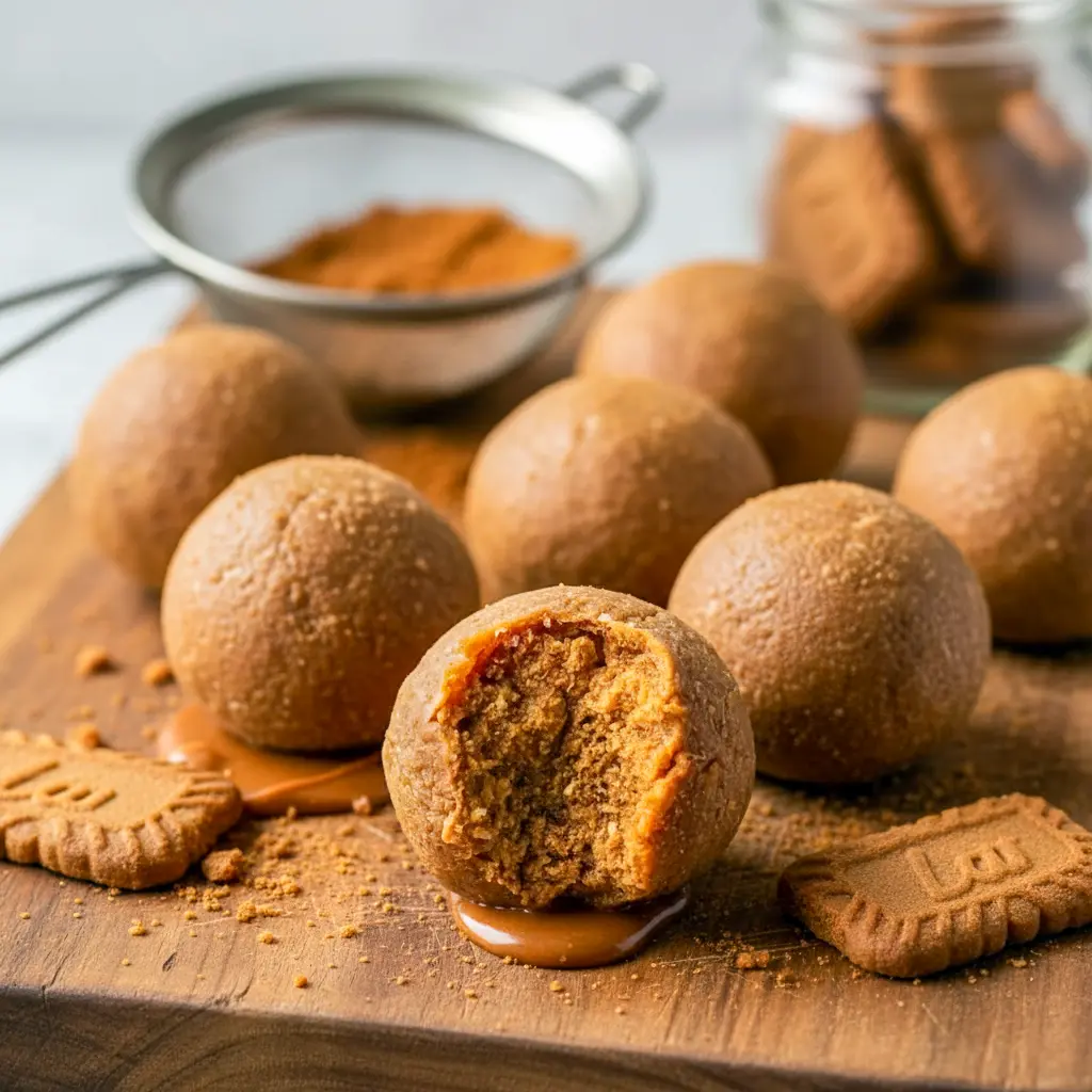 A close-up of creamy Cheesecake Protein Balls made with rich cookie butter, styled as bite-sized Biscoff Protein Balls on a plate, showcasing delicious Biscoff Balls with a smooth texture. These no-bake treats double as easy Food Ball snacks, inspired by classic Biscoff Snacks and sweet Butterscotch Protein Balls flavors.