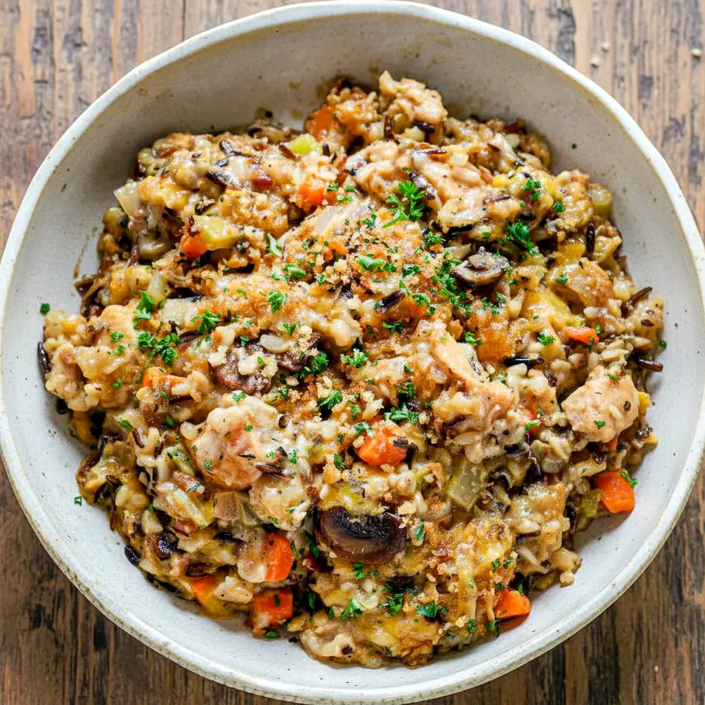 A creamy, golden-browned Chicken Wild Rice Casserole baked with tender chicken, hearty wild rice, veggies, and a crispy topping—perfect for fans of comforting Wild Rice Recipes, classic family-style dishes, and cozy weeknight meals.