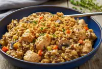 A creamy, golden-browned Chicken Wild Rice Casserole baked with tender chicken, hearty wild rice, veggies, and a crispy topping—perfect for fans of comforting Wild Rice Recipes, classic family-style dishes, and cozy weeknight meals.