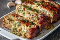 Delicious Garlic Parmesan Chicken Meatloaf – A New Favorite Meatloaf Dinner1 Garlic Parmesan chicken meatloaf sliced on a platter, topped with melted parmesan, surrounded by fresh herbs, showcasing a golden, tender texture perfect for an easy weeknight dinner.