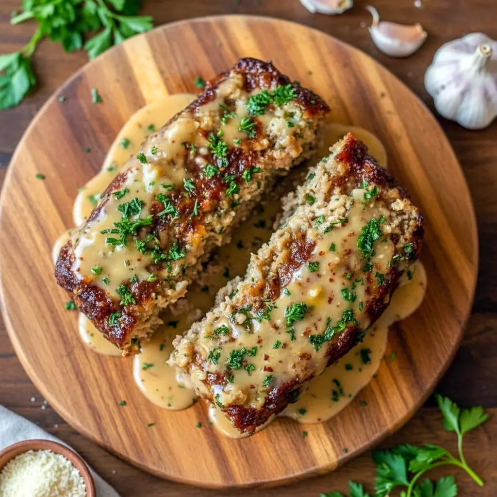 Garlic Parmesan chicken meatloaf sliced on a platter, topped with melted parmesan, surrounded by fresh herbs, showcasing a golden, tender texture perfect for an easy weeknight dinner.