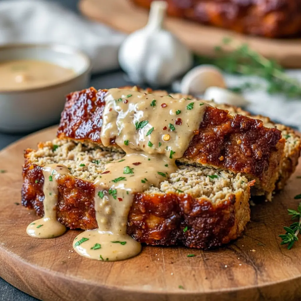 Garlic Parmesan chicken meatloaf sliced on a platter, topped with melted parmesan, surrounded by fresh herbs, showcasing a golden, tender texture perfect for an easy weeknight dinner.