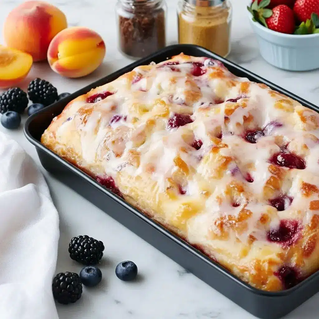 Overhead view of fluffy Jam Donut Focaccia drizzled with icing and filled with jam pockets, perfect for a cozy Focaccia Bread Breakfast or festive holiday baking.