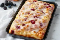 Delicious Jam Donut Focaccia – Focaccia Bread Breakfast Made Magical2 Overhead view of fluffy Jam Donut Focaccia drizzled with icing and filled with jam pockets, perfect for a cozy Focaccia Bread Breakfast or festive holiday baking.