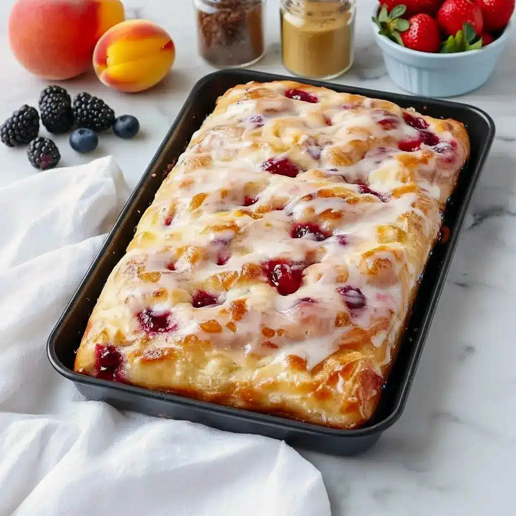 Overhead view of fluffy Jam Donut Focaccia drizzled with icing and filled with jam pockets, perfect for a cozy Focaccia Bread Breakfast or festive holiday baking.