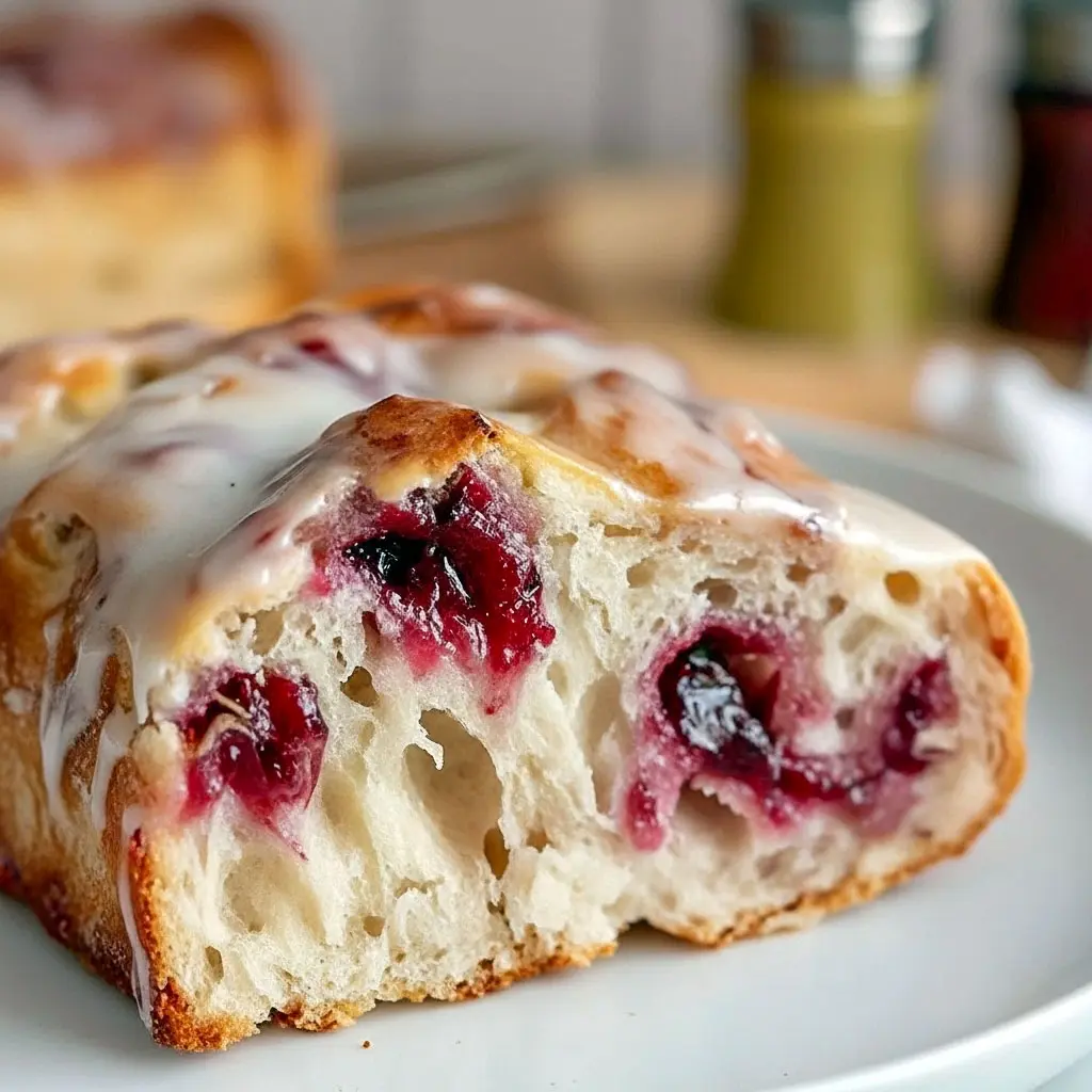 Overhead view of fluffy Jam Donut Focaccia drizzled with icing and filled with jam pockets, perfect for a cozy Focaccia Bread Breakfast or festive holiday baking.