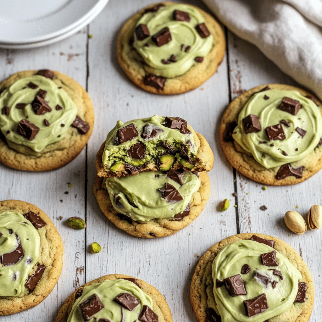 Soft and chewy pistachio cream cookies with swirls of green pistachio filling, inspired by Strawberry Pistachio Cookies and Salted Pistachio Cookies, showcasing rich Pistachio Baking and simple Pistachio Cream Uses.