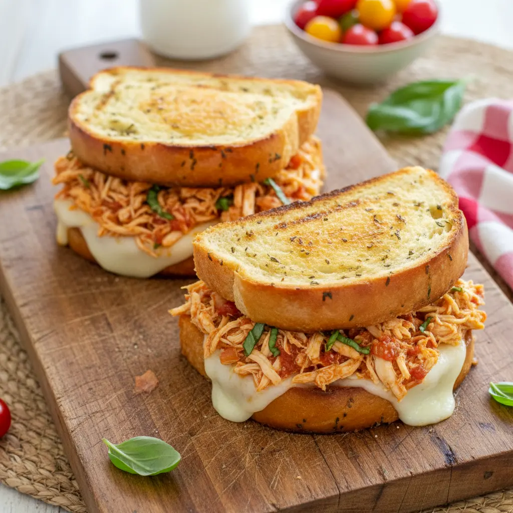 Close-up of warm garlic-bread Italian Chicken Sandwiches stacked with tender Shredded Italian Chicken, melted provolone, fresh basil, and rich tomato-herb sauce.