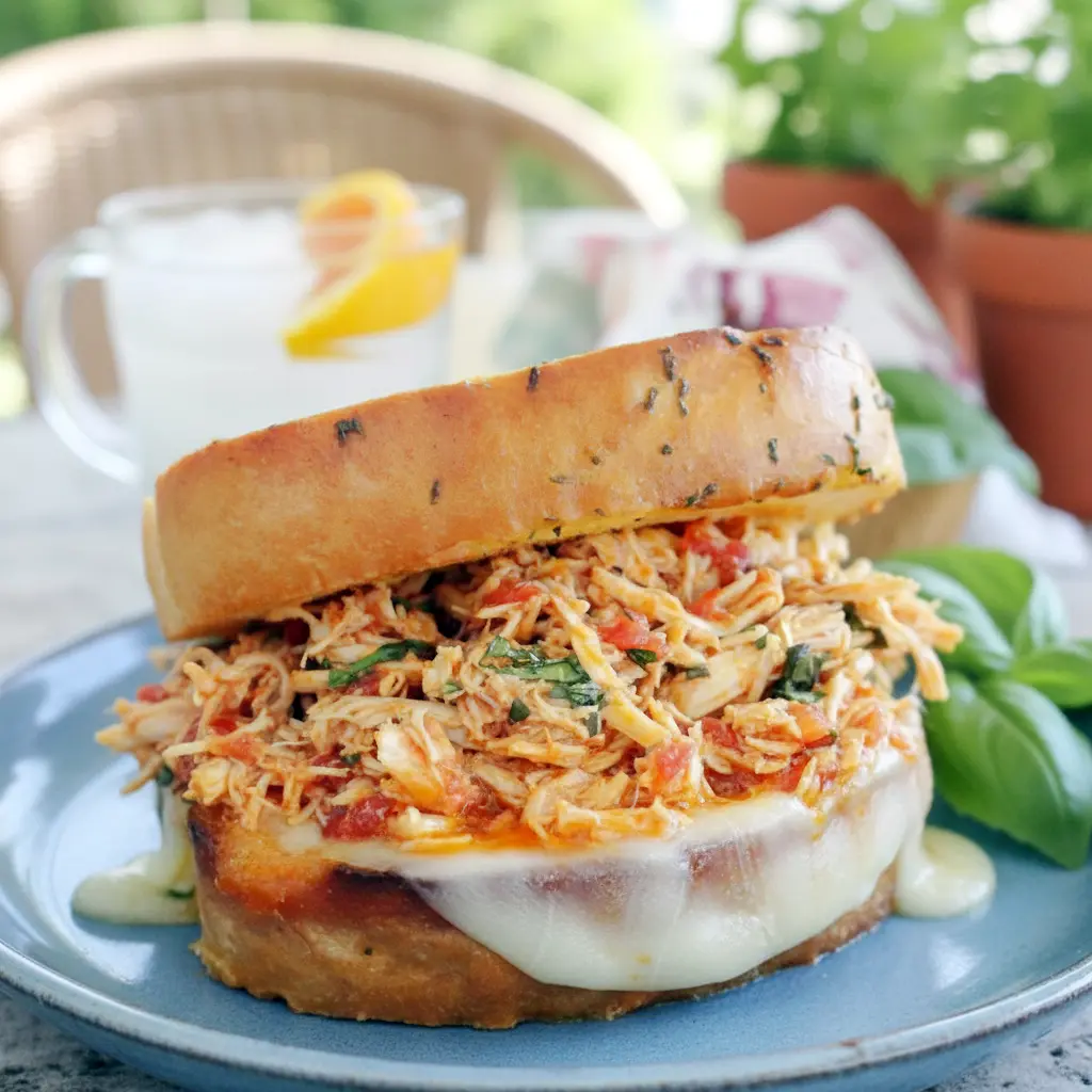 Close-up of warm garlic-bread Italian Chicken Sandwiches stacked with tender Shredded Italian Chicken, melted provolone, fresh basil, and rich tomato-herb sauce.