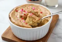 Delicious Sugar Cookie Protein Baked Oats for Quick, Healthy High-Protein Meals1 A single-serving baked oats dish flavored like a sugar cookie, golden on top and served in a small ramekin, showing a cozy, high-protein breakfast option.