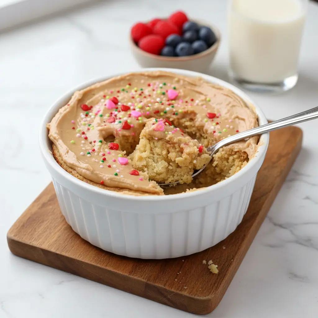 A single-serving baked oats dish flavored like a sugar cookie, golden on top and served in a small ramekin, showing a cozy, high-protein breakfast option.