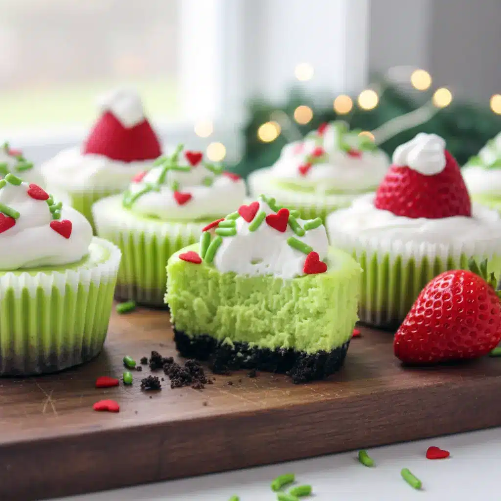 Bright green mini Grinch cheesecakes topped with whipped cream and sprinkles, displayed as fun Christmas bites perfect for parties, potlucks, and kid-friendly holiday treats.