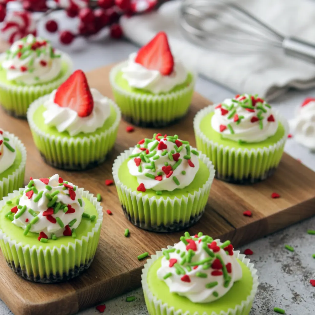 Bright green mini Grinch cheesecakes topped with whipped cream and sprinkles, displayed as fun Christmas bites perfect for parties, potlucks, and kid-friendly holiday treats.