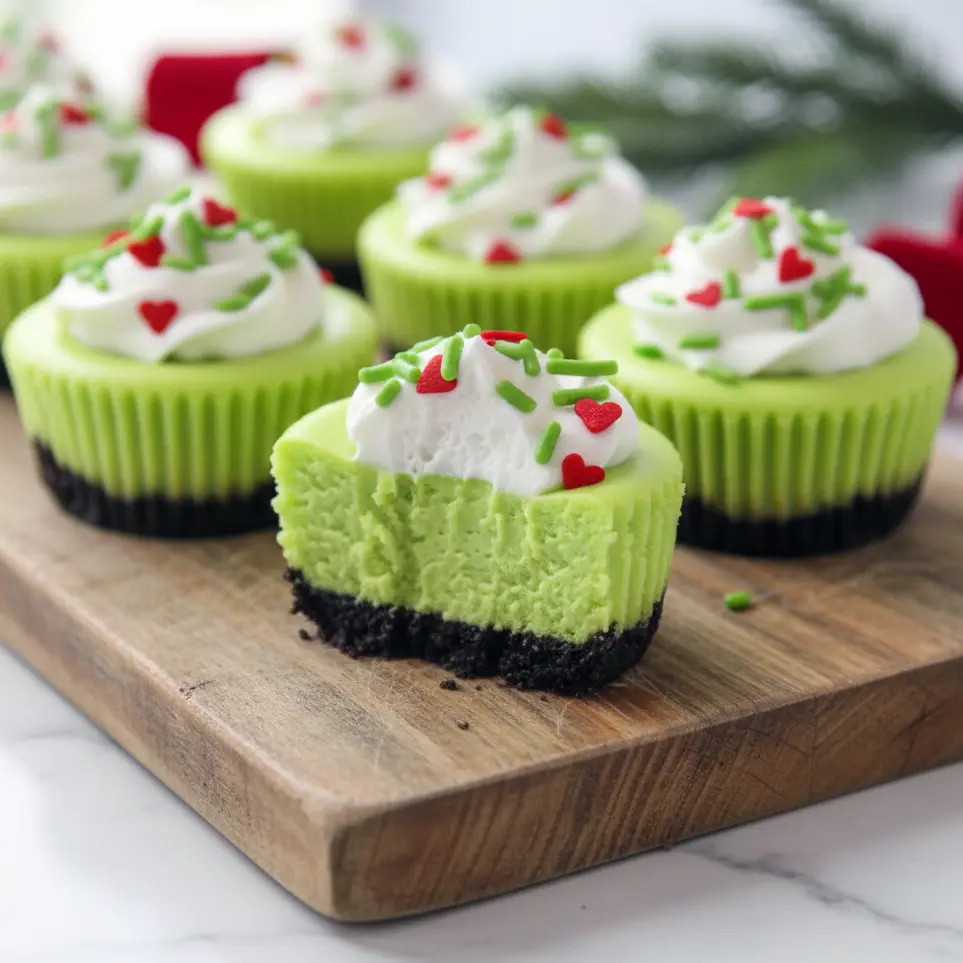 Bright green mini Grinch cheesecakes topped with whipped cream and sprinkles, displayed as fun Christmas bites perfect for parties, potlucks, and kid-friendly holiday treats.