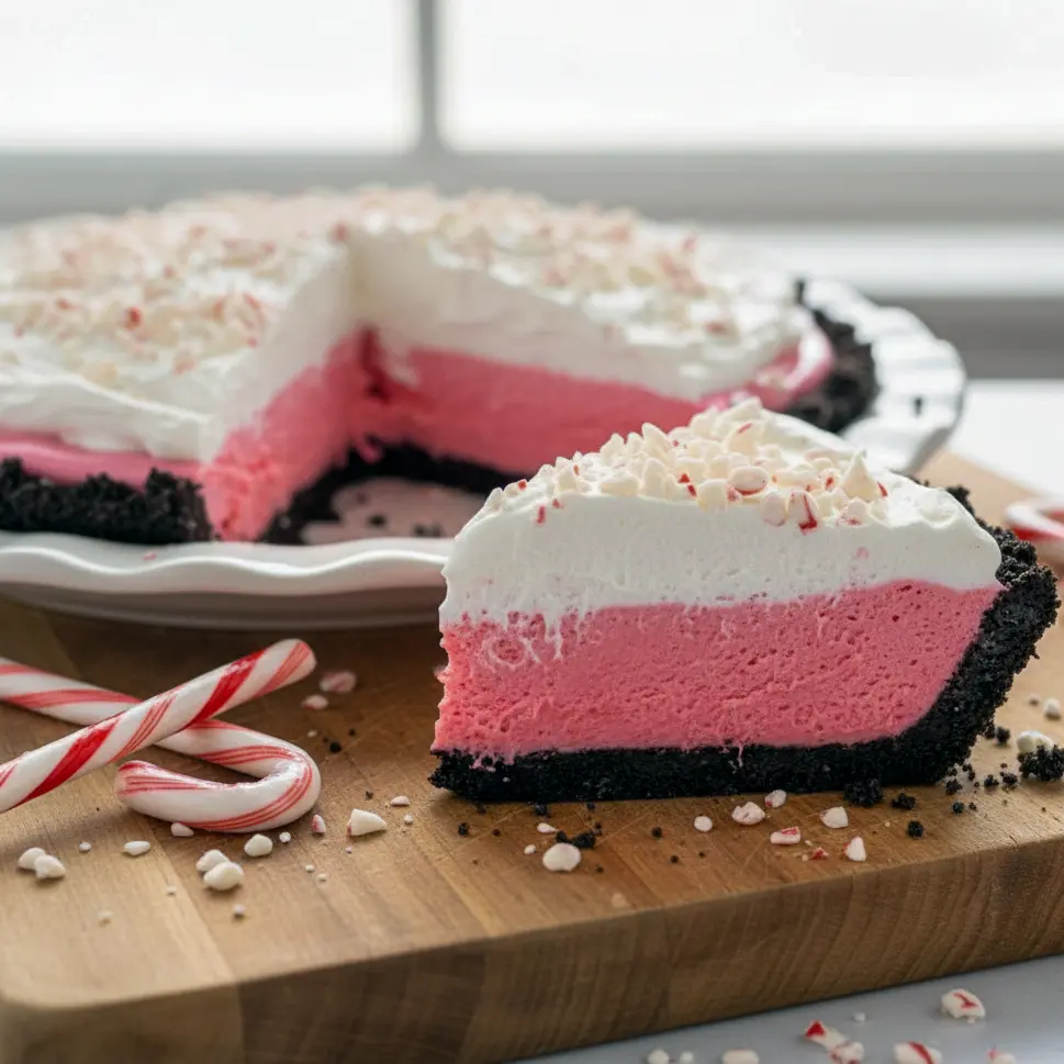 A creamy pink peppermint candy cane pie in an Oreo crust, topped with whipped cream and crushed candy canes — a festive Minty Christmas Desserts style treat perfect for holiday celebrations.