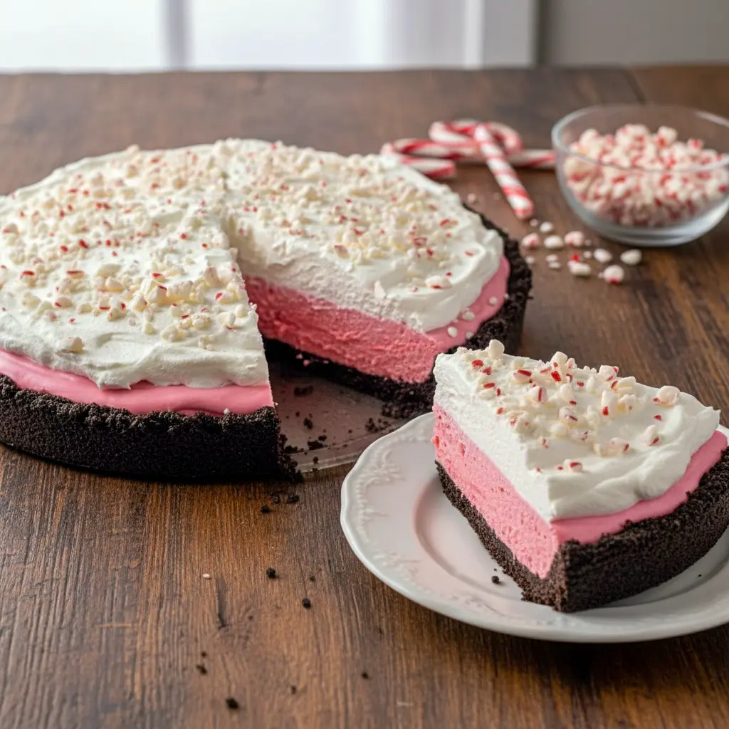 A creamy pink peppermint candy cane pie in an Oreo crust, topped with whipped cream and crushed candy canes — a festive Minty Christmas Desserts style treat perfect for holiday celebrations.