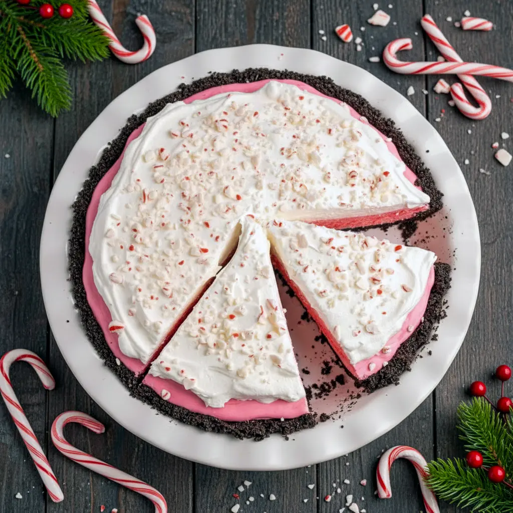 A creamy pink peppermint candy cane pie in an Oreo crust, topped with whipped cream and crushed candy canes — a festive Minty Christmas Desserts style treat perfect for holiday celebrations.