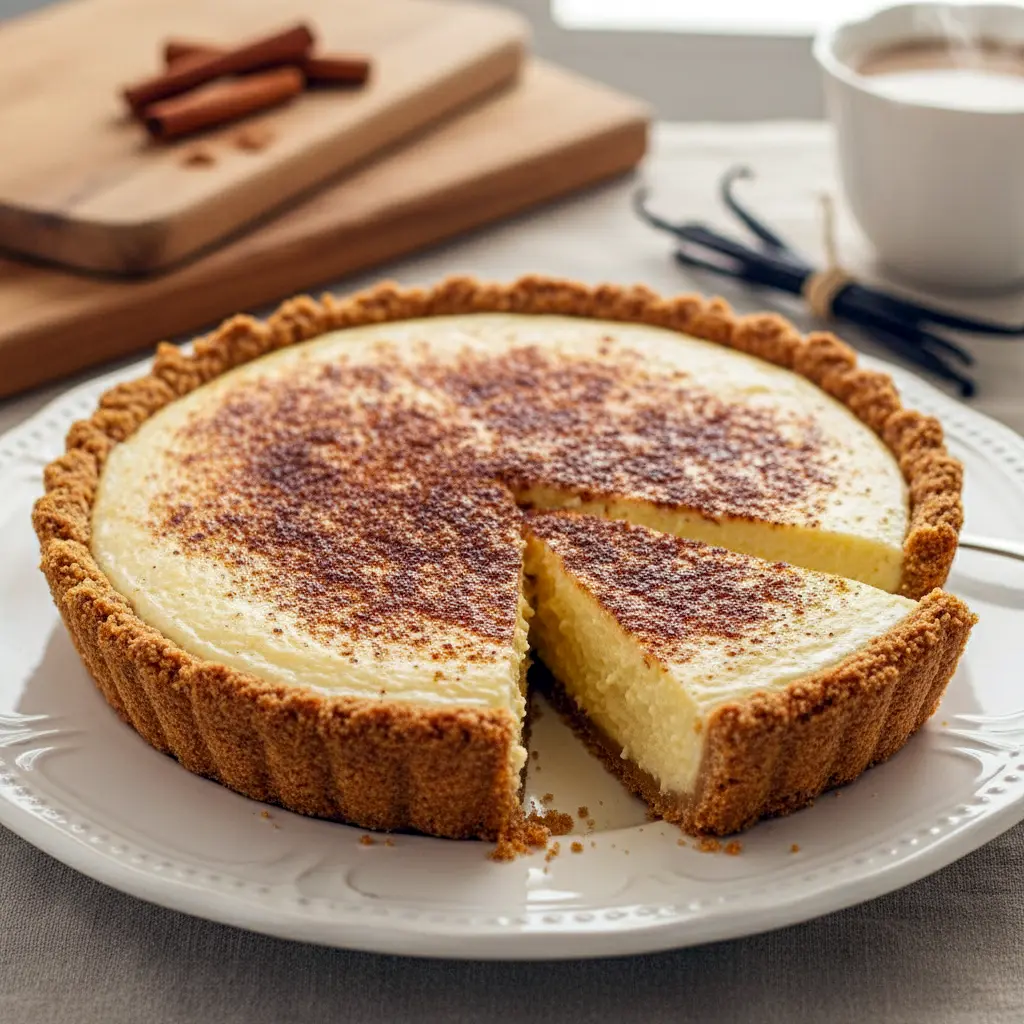 A golden cinnamon-vanilla custard pie with a smooth, creamy center and lightly browned edges, styled for a festive Perfect Pie look that fits beautifully into cozy Winter Pies Recipes and elegant Holiday Plated Desserts, offering a warm twist on Traditional Thanksgiving Pies while standing out as one of the Best Pies For Christmas; a simple, comforting treat for fans of Desserts Made With Pie Crust, silky Creamy Pie Recipes, and classic Dessert Holiday flavors.