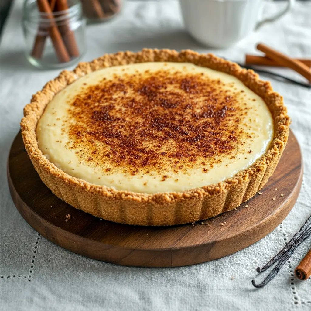 A golden cinnamon-vanilla custard pie with a smooth, creamy center and lightly browned edges, styled for a festive Perfect Pie look that fits beautifully into cozy Winter Pies Recipes and elegant Holiday Plated Desserts, offering a warm twist on Traditional Thanksgiving Pies while standing out as one of the Best Pies For Christmas; a simple, comforting treat for fans of Desserts Made With Pie Crust, silky Creamy Pie Recipes, and classic Dessert Holiday flavors.