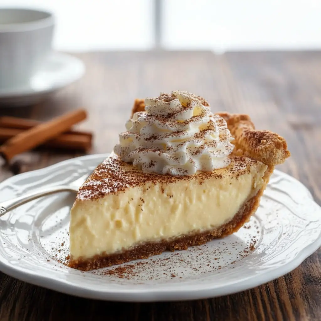 A golden cinnamon-vanilla custard pie with a smooth, creamy center and lightly browned edges, styled for a festive Perfect Pie look that fits beautifully into cozy Winter Pies Recipes and elegant Holiday Plated Desserts, offering a warm twist on Traditional Thanksgiving Pies while standing out as one of the Best Pies For Christmas; a simple, comforting treat for fans of Desserts Made With Pie Crust, silky Creamy Pie Recipes, and classic Dessert Holiday flavors.