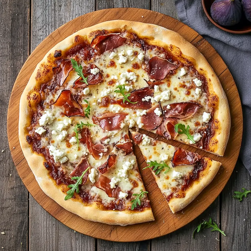 Close-up of a gourmet pizza featuring Prosciutto Ideas, layered with Artisan Pizza Toppings, rich Fig And Prosciutto Pizza Toppings, and creamy cheese, ideal for fans of elegant Recipes With Prosciutto.