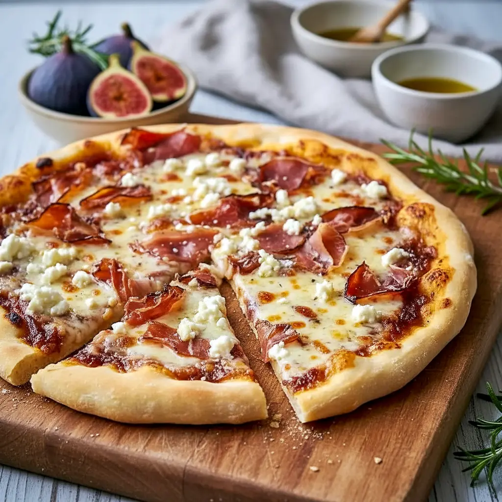 Close-up of a gourmet pizza featuring Prosciutto Ideas, layered with Artisan Pizza Toppings, rich Fig And Prosciutto Pizza Toppings, and creamy cheese, ideal for fans of elegant Recipes With Prosciutto.