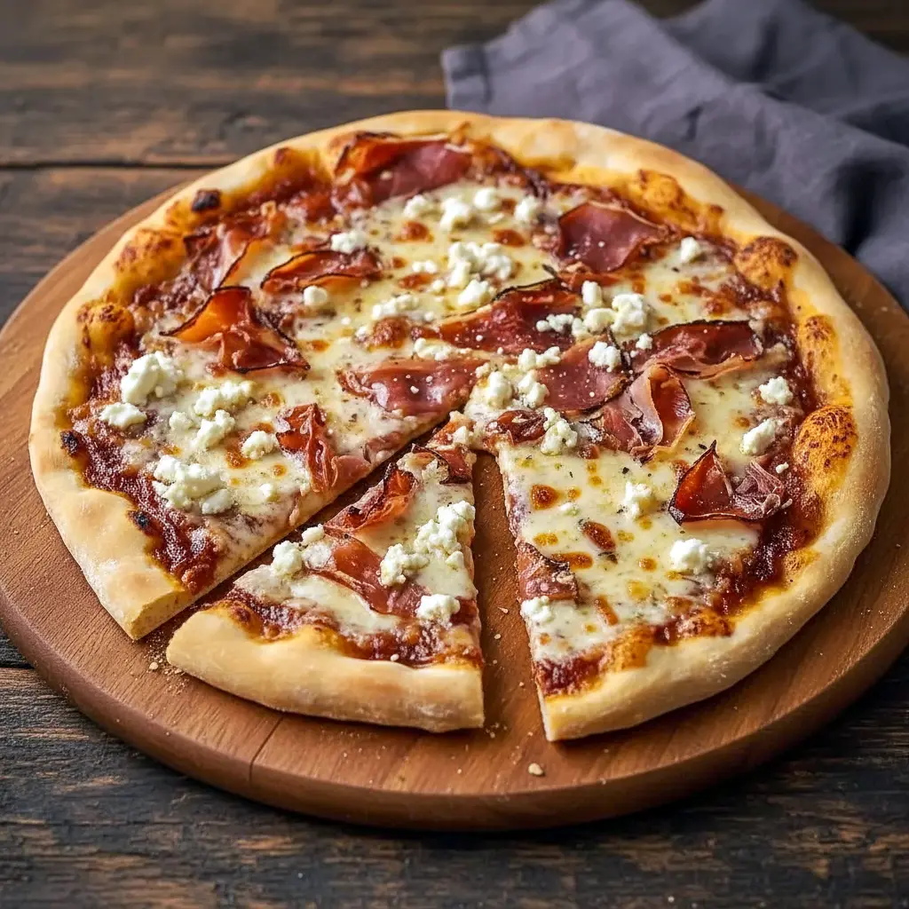 Close-up of a gourmet pizza featuring Prosciutto Ideas, layered with Artisan Pizza Toppings, rich Fig And Prosciutto Pizza Toppings, and creamy cheese, ideal for fans of elegant Recipes With Prosciutto.
