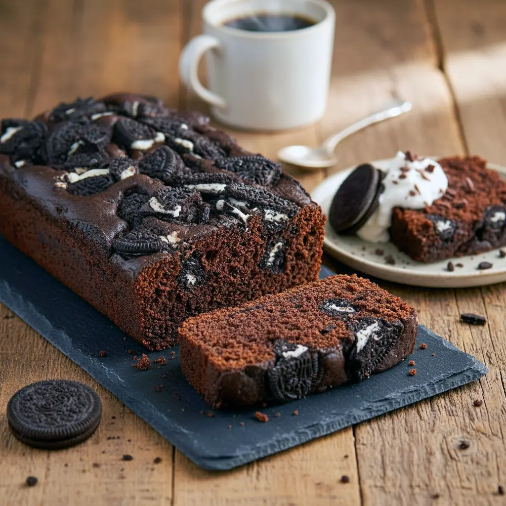 A thick slice of moist cookies and cream loaf cake packed with Oreo chunks and chocolate chips, topped with crumbled cookies for a rich and irresistible Oreo chocolate bread.
