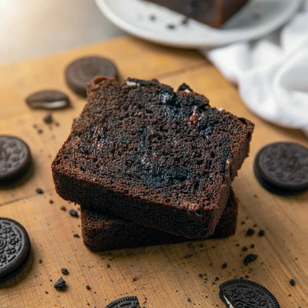 A thick slice of moist cookies and cream loaf cake packed with Oreo chunks and chocolate chips, topped with crumbled cookies for a rich and irresistible Oreo chocolate bread.