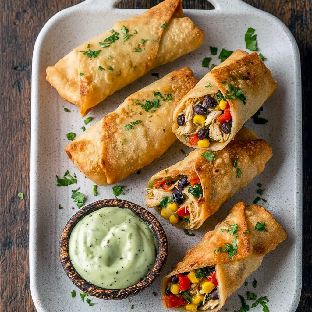 Crispy homemade eggrolls filled with chicken, veggies, and cheese served with dipping sauce; the perfect Southwest Eggrolls Recipe for parties and delicious Appetizer Snacks.