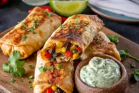 Crispy homemade eggrolls filled with chicken, veggies, and cheese served with dipping sauce; the perfect Southwest Eggrolls Recipe for parties and delicious Appetizer Snacks.