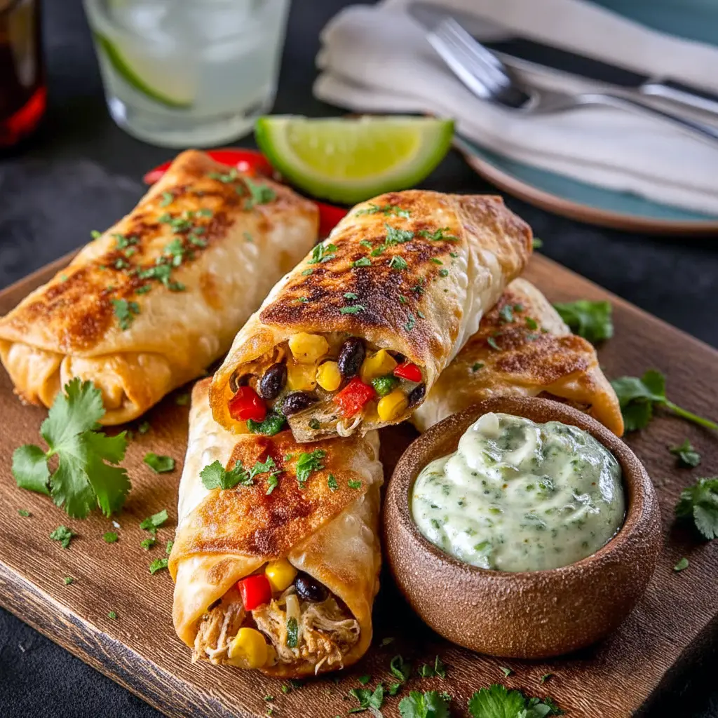Crispy homemade eggrolls filled with chicken, veggies, and cheese served with dipping sauce; the perfect Southwest Eggrolls Recipe for parties and delicious Appetizer Snacks.