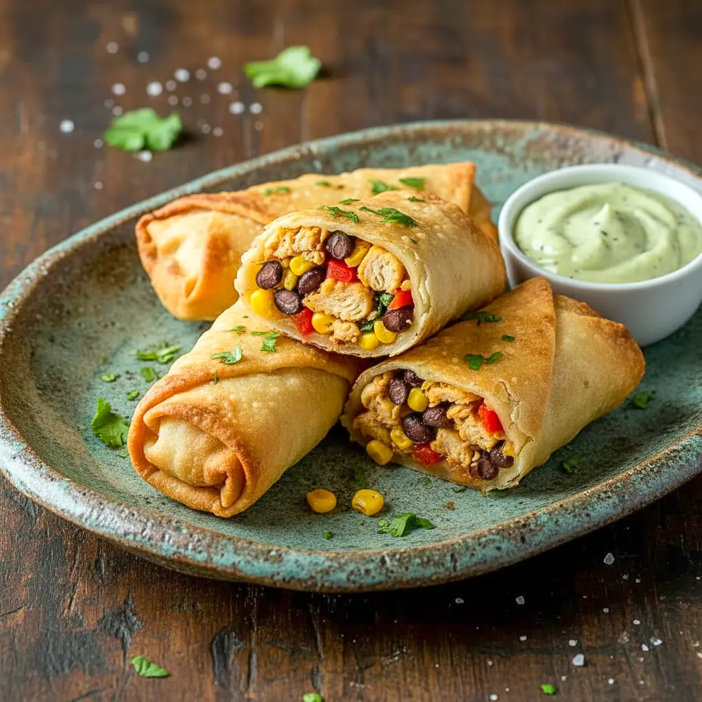 Crispy homemade eggrolls filled with chicken, veggies, and cheese served with dipping sauce; the perfect Southwest Eggrolls Recipe for parties and delicious Appetizer Snacks.