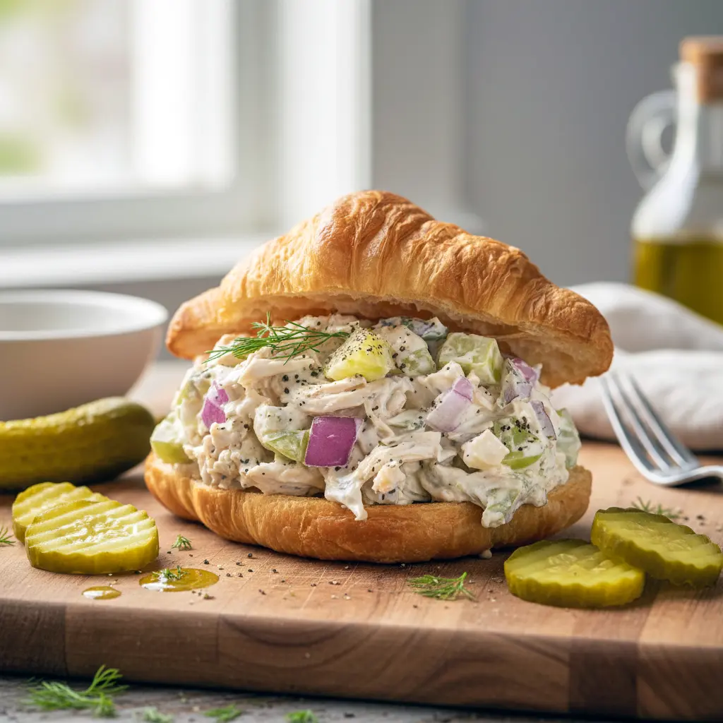 Bowl of creamy dill pickle chicken salad made with shredded chicken, crunchy pickles, and fresh herbs — a flavorful recipe featuring Dishes With Pickles, perfect for easy lunches and busy-day meal prep.