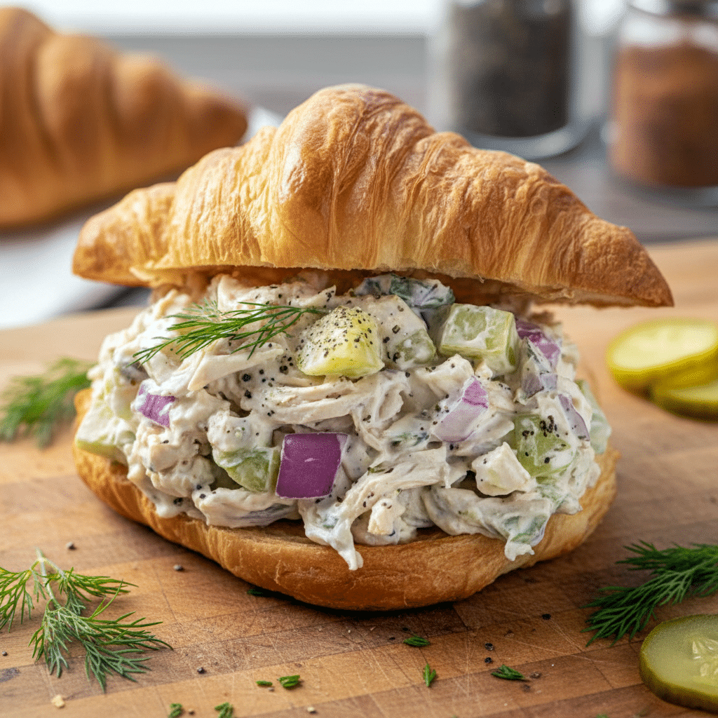 Bowl of creamy dill pickle chicken salad made with shredded chicken, crunchy pickles, and fresh herbs — a flavorful recipe featuring Dishes With Pickles, perfect for easy lunches and busy-day meal prep.