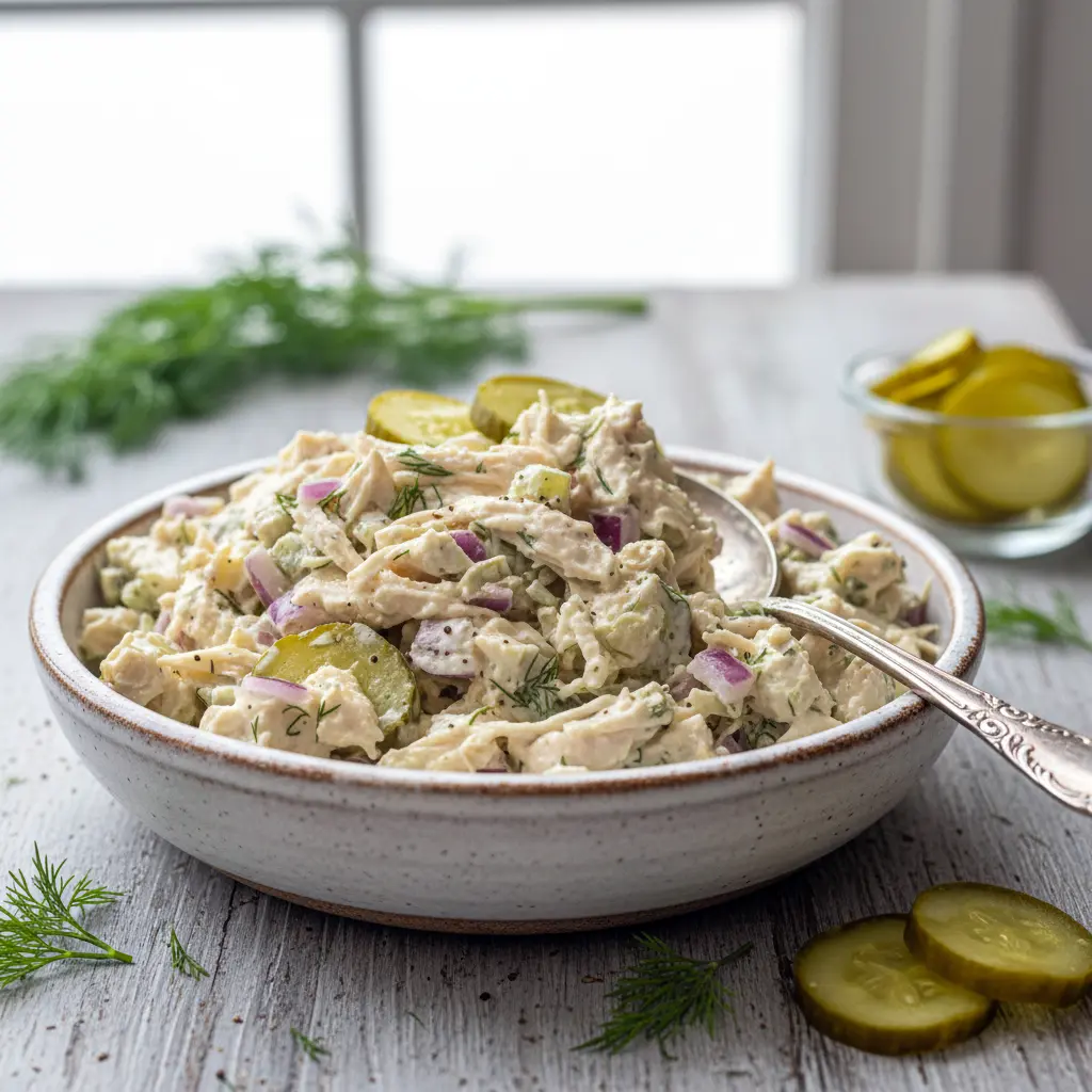 Bowl of creamy dill pickle chicken salad made with shredded chicken, crunchy pickles, and fresh herbs — a flavorful recipe featuring Dishes With Pickles, perfect for easy lunches and busy-day meal prep.