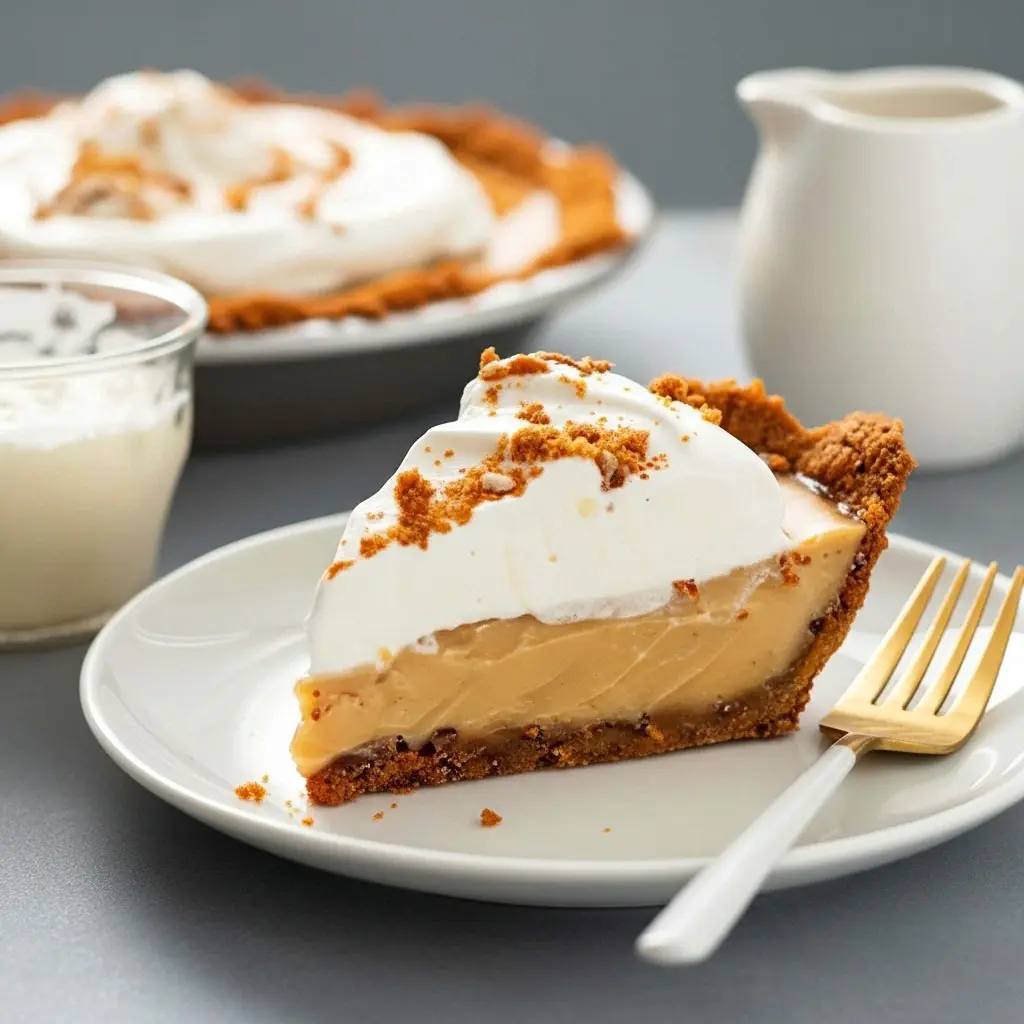 Slice of Creamy Butterscotch Pie topped with fluffy whipped cream in a buttery cookie crust, a stunning example of Fancy Pie Recipes and Cream Pies Recipes Holiday, ideal for a Christmas Cream Pie or festive Holiday Pie table.