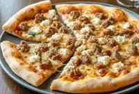 Hot & Sweet Sausage Feta Honey Pizza – Your New Favorite Sausage Flatbread Pizza Dinner1 Cheesy flatbread topped with hot sausage, feta, mozzarella, and a warm honey drizzle, creating a sweet and spicy Sausage Flatbread Pizza perfect for family dinner or pizza night.