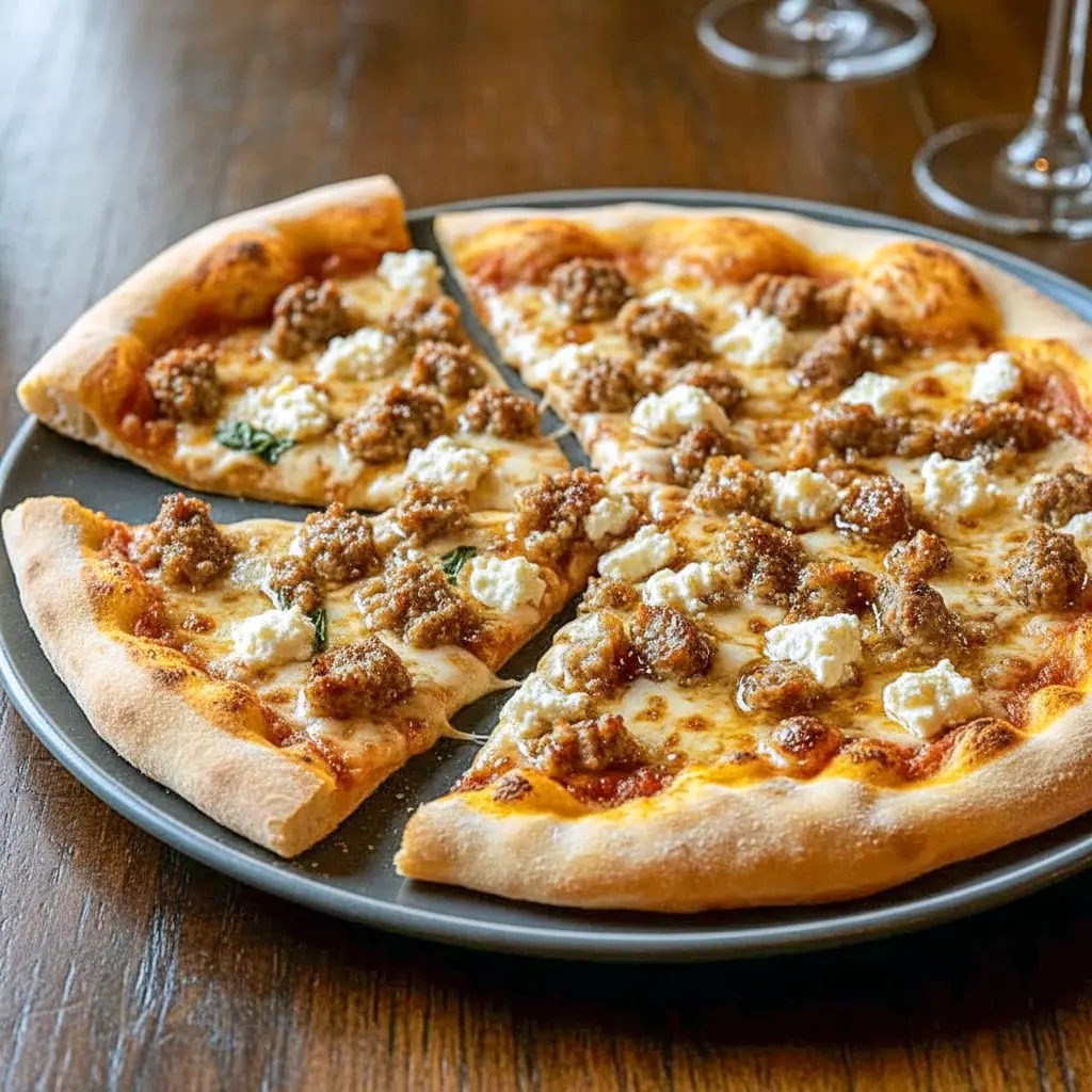 Cheesy flatbread topped with hot sausage, feta, mozzarella, and a warm honey drizzle, creating a sweet and spicy Sausage Flatbread Pizza perfect for family dinner or pizza night.
