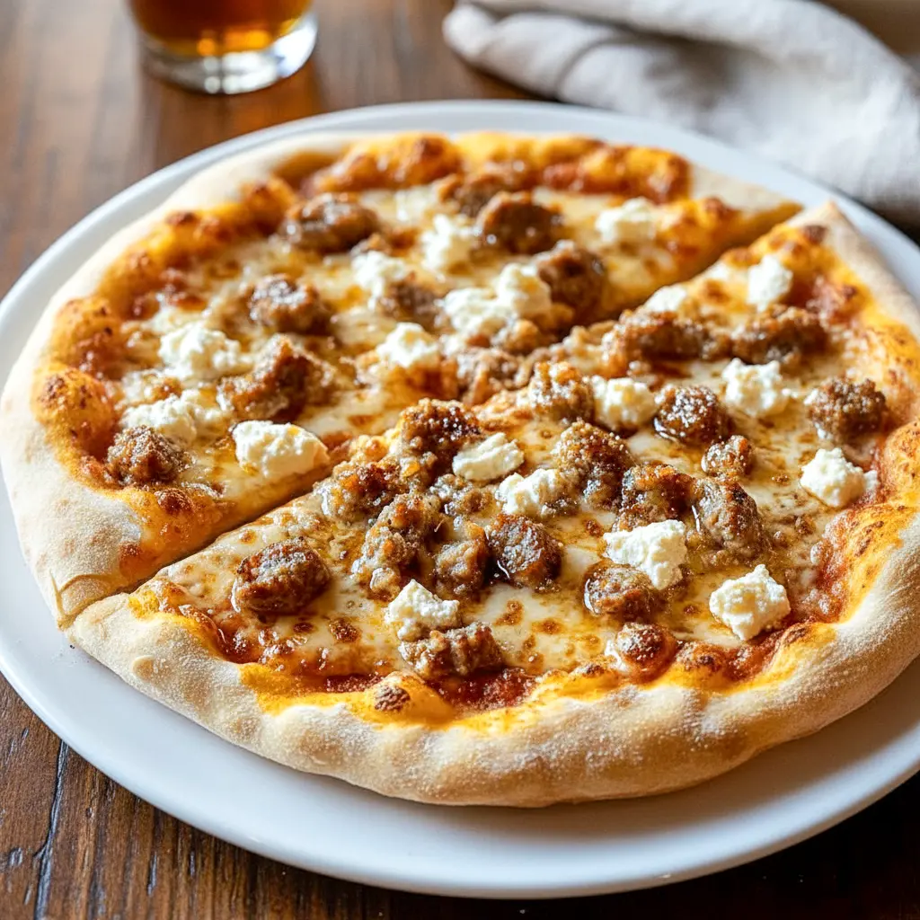 Cheesy flatbread topped with hot sausage, feta, mozzarella, and a warm honey drizzle, creating a sweet and spicy Sausage Flatbread Pizza perfect for family dinner or pizza night.