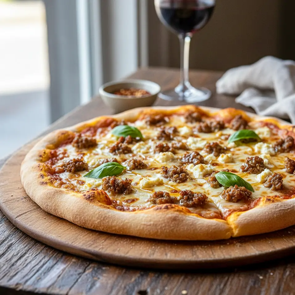 Cheesy flatbread topped with hot sausage, feta, mozzarella, and a warm honey drizzle, creating a sweet and spicy Sausage Flatbread Pizza perfect for family dinner or pizza night.